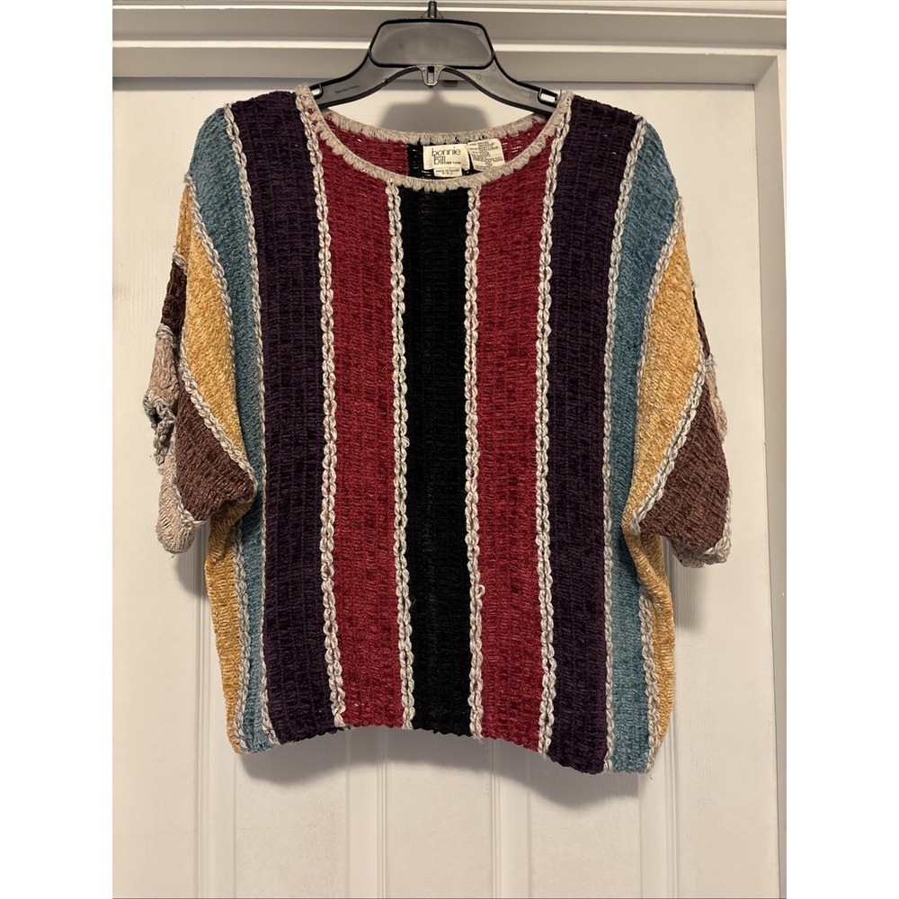 Vtg 80's Chenille Striped Colorful Short Sleeve Knit Crochet Artsy‎ Boho Top M